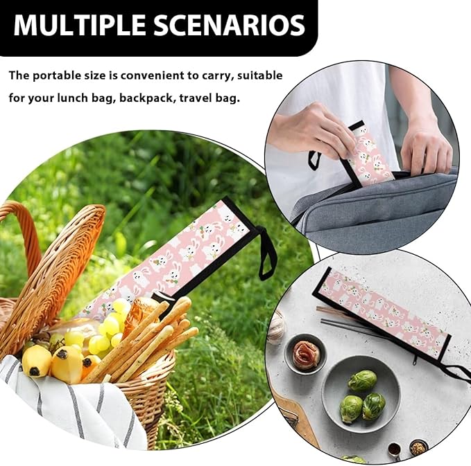 Cute Bunny Print Reusable Travel Tableware Carrying Bag Storage Case Cutlery Flatware Organziers for Straw Spoon Fork Chopsticks Portable Utensil Holder
