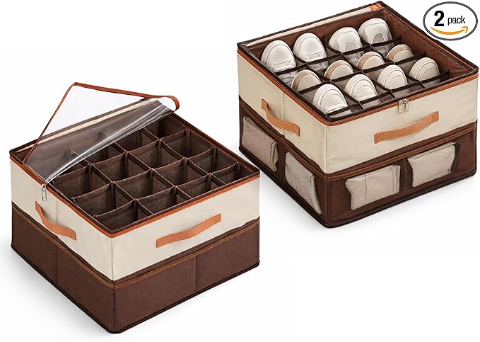 Shoe Organizer for Closet, 2 Pack Foldable Shoe Storage Organizer with Clear Cover and Reinforced Handles,Space Saving Stackable Shoe Boxes for Closet and Bedroom,Coffee Brown and Cream Beige