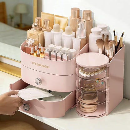 XIAPIA Makeup Organizer Countertop, Make Up Organizer for Vanity, Skincare & Cosmetic Organizers with Drawers, Bathroom Organizers Storage for Brush Holder|Lipstick|Jewelry, Ideal Gift for Women PINK