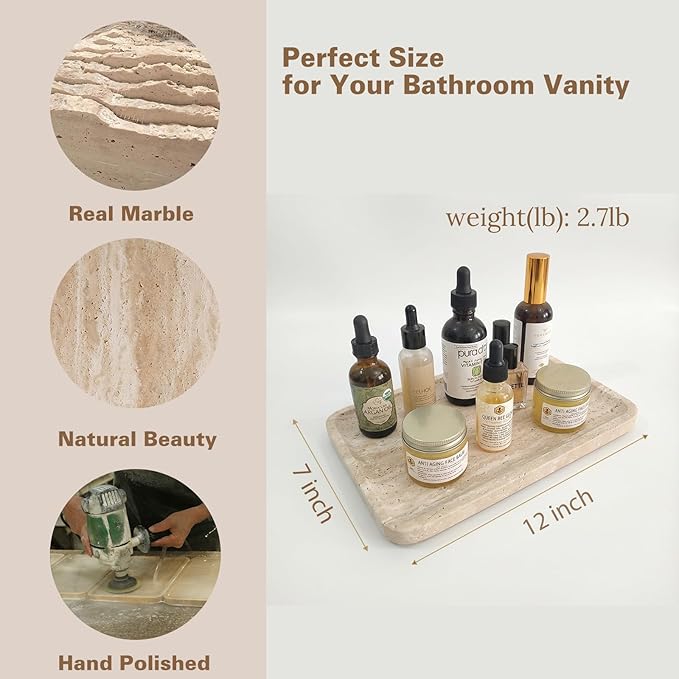 Natural Marble Vanity Tray for Bathroom Counter-12 X6 Decorative Tray for Perfume, Candles, Stone Jewelry Dish Tray