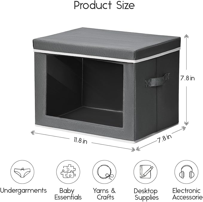 Homsorout Storage Bins with Lids - Small Fabric Organizers with Window, Collapsible Storage Bins for Clothes, Decorative Closet Organizers for Towels, Tshirt, 3 Pack, Dark Grey