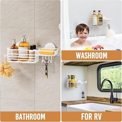 LEVERLOC Shower Caddy Suction Cup, Heavy Duty Bathroom Organizer for Inside Shower with Hooks & Soap Holder, NO-Drilling Bathroom Shelves-White