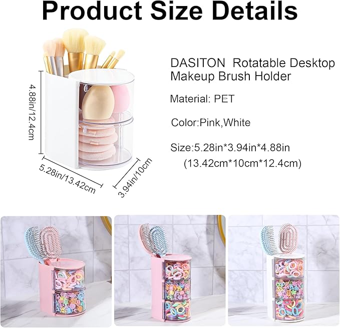 DASITON 2-Layer Makeup Brush Holder with Hair Accessories Organizer, Rotatable Desktop Organizer Case for Hair Clip, Makeup Sponge, Jewelry and Hair Accessories, Hair Brush Holder for Vanity (White)