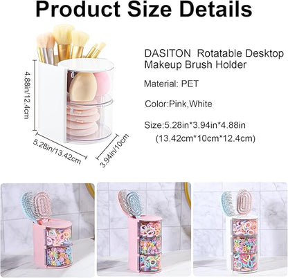 DASITON 2-Layer Makeup Brush Holder with Hair Accessories Organizer, Rotatable Desktop Organizer Case for Hair Clip, Makeup Sponge, Jewelry and Hair Accessories, Hair Brush Holder for Vanity (White)
