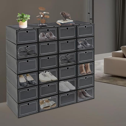 24 Pack Stackable Shoe Boxes with Clear Lids - Foldable Shoe Storage Organizer for Closet Cabinet, Color Options for Sneakers Flats Home Organization (Black)