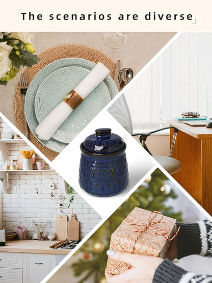 Salt & Pepper Bowl with Lid and Spoon, 10 OZ Ceramic Spices Cellar for Kitchen Counter top, Farmhouse Kitchen Decor (Vintage Blue, 4.3" Label Pepper)