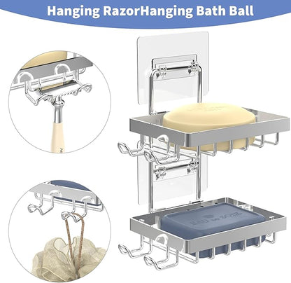 Moforoco Silver Double Soap Bar Holder for Shower, No Drilling Rustproof Stainless Steel, Wall Mounted Soap Holder with 4 Hooks and Razor Holder, Shower Rack Soap Tray Bar Soap for Bathroom & Kitchen