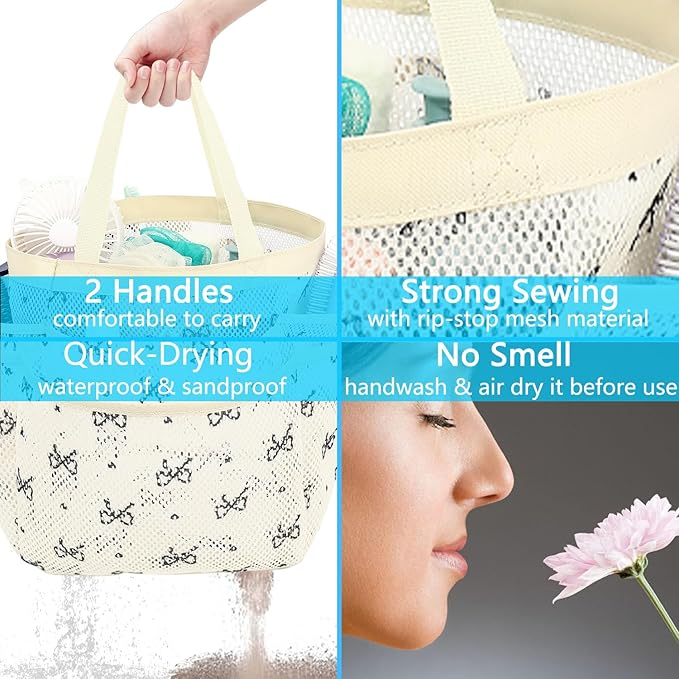 Fammart Mesh Shower Caddy Portable for College Dorm Room Essentials, Odorless Polyester Large Shower Tote Bag with Dual Handles, 8-Pocket Quick-Dry Toiletry Organizer for Travel, Beach, Camping, Gym