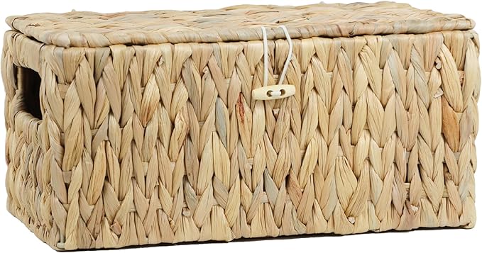 Water Hyacinth Baskets for Organizing, Rectangular Wicker Basket with Lid, Storage Baskets Bins with Built-in Handles for Shelf, Decorative Woven Basket Boxes for Storage Home Organizer Decor