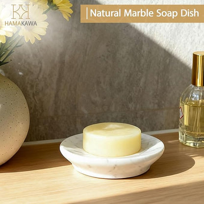 Natural Marble Soap Dish, Round White Jewelry Dish 4.5 Inch, Limestone Shower Soap Holder, Modern Stone Sponge Holder with Beveled Edge, Bar Soap Saver Tray for Bathroom, Kitchen