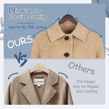 King Mills 19 Inch Plus Size Hangers, Extra Wide Hangers for Plus Size Clothes, Ganchos para Colgar Ropa, Ideal for XL, XXL Shirts, Coats, Dresses, Etc. Wood. Walnut 10pk