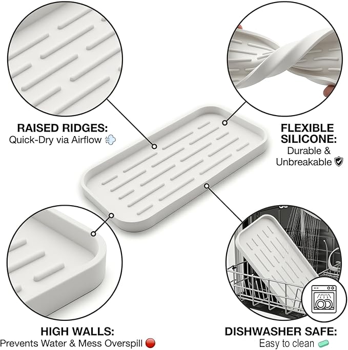 Silicone Organizer Tray, Soap and Sponge Holder for Kitchen Sink, Bathroom - Storage Tray for Dish Brush, Soap Dispenser, Dishwashing Accessories-(White 1 Pack, 10"x5.3")