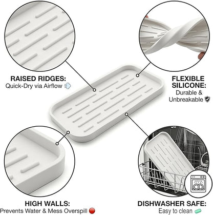 Silicone Organizer Tray, Soap and Sponge Holder for Kitchen Sink, Bathroom - Storage Tray for Dish Brush, Soap Dispenser, Dishwashing Accessories-(White 1 Pack, 10"x5.3")