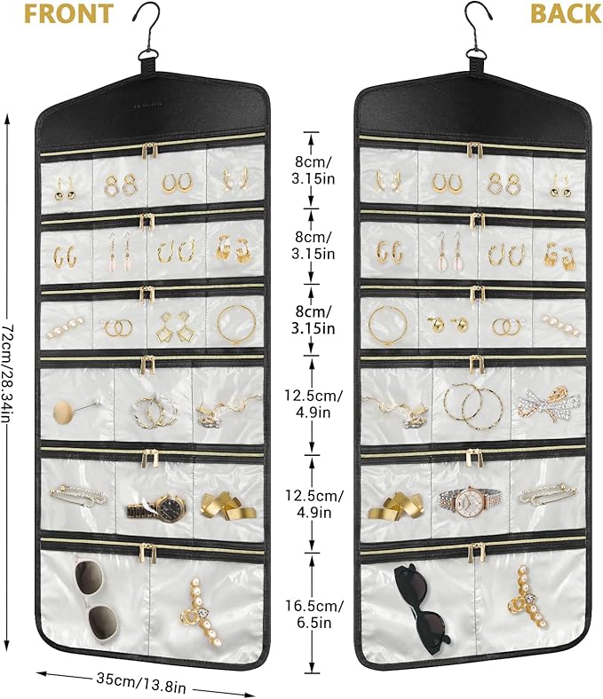 CHICECO Hanging Jewelry Organizer With Zippered Pockets,40 Pockets Travel Jewelry Organizer Storage for Cloest,Wall,Door