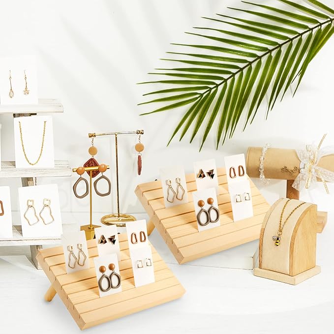 Marsui 62 Pcs Wood Earring Display Stand Earring Card Display 2 Sets of Holder with Cards Jewelry Stands for Selling