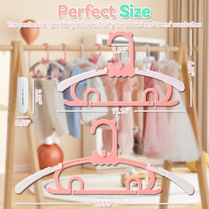 50 Pack Baby Hangers,with 35 Detachable Clips Adjustable 11.14"-15.55", Stackable Kids Closet Hangers, Two Bottom Grooves for Secure Clip Placement.Fits Newborns,Toddlers, Children & Teens(Pink)