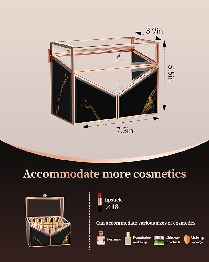 CoralHouse Lipstick Organizer - Black Glass Lipstick Holder & Nail Polish Organizer, 18-Slot Vanity Cosmetic Organizer with Removable Dividers,
