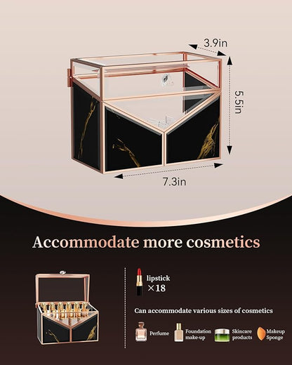 CoralHouse Lipstick Organizer - Black Glass Lipstick Holder & Nail Polish Organizer, 18-Slot Vanity Cosmetic Organizer with Removable Dividers,
