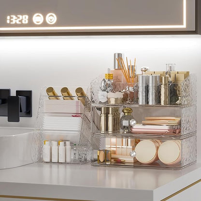 Makeup Organizer with Brush Holder Plastic Makeup Drawers For Vanity Clear Stackable Storage Case Makeup Organizer For Skincare, Brushes, Lipstick, Nail Polishes, Perfumes, Eyeshadow Palettes