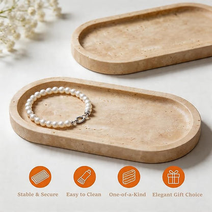 Natural Travertine Vanity Tray Waterproof Italy Marble Bathroom Organizer for Perfume, Candles & Jewelry Non-Slip Oval Storage Tray for Spa, Bedroom, Kitchen 9.8" x 4.5" Beige (WH028)