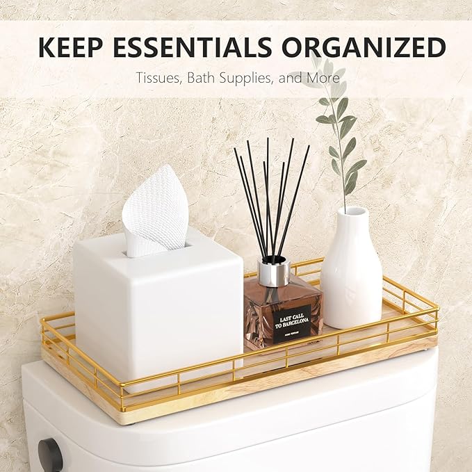 Toilet Paper Basket Organizer – Oak Wood Toilet Tank Tray with Metal Frame, Bathroom Counter Top Storage for Toilet Paper, Wipes & Decor, Modern Narrow Back of Tank Shelf Organizer, Gold & Nature Oak