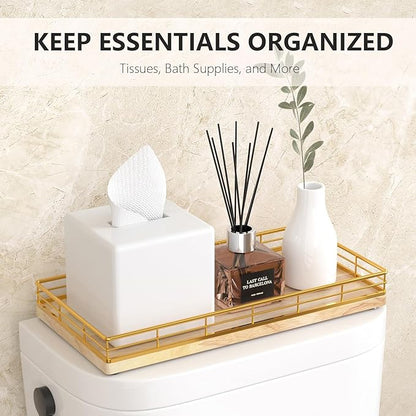 Toilet Paper Basket Organizer – Oak Wood Toilet Tank Tray with Metal Frame, Bathroom Counter Top Storage for Toilet Paper, Wipes & Decor, Modern Narrow Back of Tank Shelf Organizer, Gold & Nature Oak