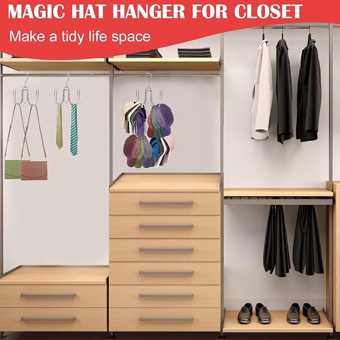 2 Pack Hat Hanger for Closet, Collapsible Metal Hat Organizer for Baseball Caps, Racks with 4 Big Hooks, 360° Rotation Space Saving Hangers, Better Organizer&Display for Tie, Scarves