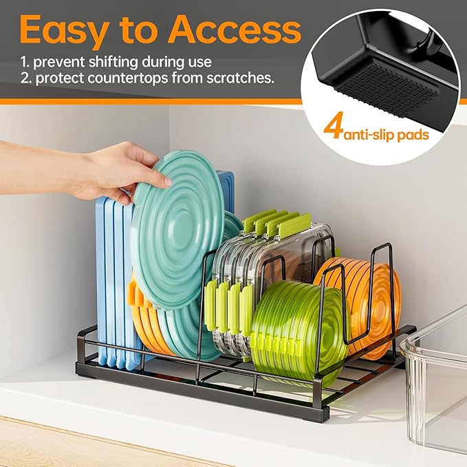 Lid Organizers for Inside Cabinet, Metal Food Storage Container Lid Holder with 5 Adjustable Dividers, Kitchen Pantry Organizer and Storage for Cupboard,Cabinets,Pantry,Drawers, 11" X 7.87"