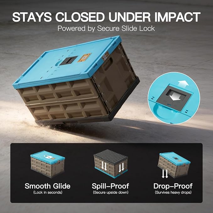 2 Pack Heavy Duty Storage Bins with Lids Attached, 12 Gallon Collapsible and Stackable Plastic Containers - 400 LBS Stacking Strength for Garage, RV, Moving (Blue -45L - Pack of 2)