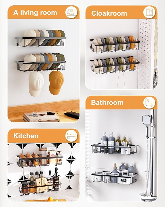 4 Pack Hat Rack for Wall Holds 112 Caps Hat Organizer for Wall Mounted Hat Holder on Wall Hat Organizer for Baseball Caps Hat Storage for Baseball Hats Closet Bedroom Kitchen Bathroom Black