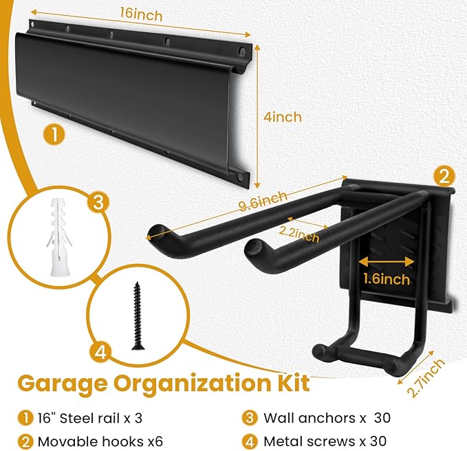 Garage Tool Organizer Wall Mount, 48" Heavy Duty Metal Storage Rack with 3 Rails & 6 Adjustable Double Hooks, Wall Mounted Garden Tool Hanger for Rakes, Shovels, Brooms, Garage Shed & Workshop