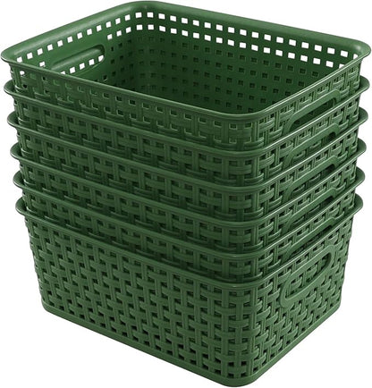 Plastic Kitchen Basket, Woven Storage Baskets, 6 Packs Deep Green