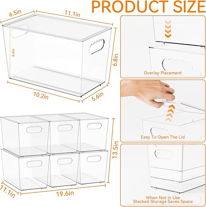 Yieach 6 Pack Large Stackable Clear Storage Bins with Lids,BPA FREE Pantry Organizers and Storage with Handle,Plastic Containers Organization and Storage for Kitchen,Refrigerator,Closet Organization