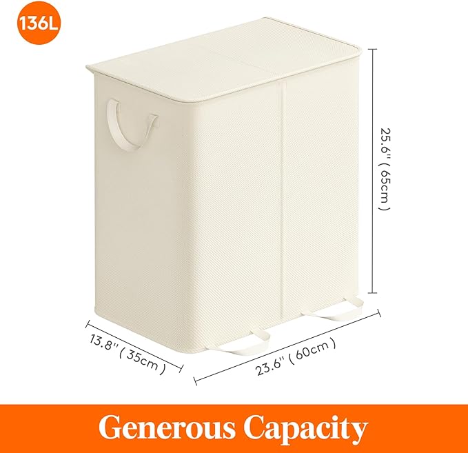 Lifewit Double Laundry Hamper with Lid and Removable Laundry Bags, Large Collapsible 2 Dividers Dirty Clothes Basket with Handles for Bedroom Laundry Room Closet Bathroom College, 136L Ivory White