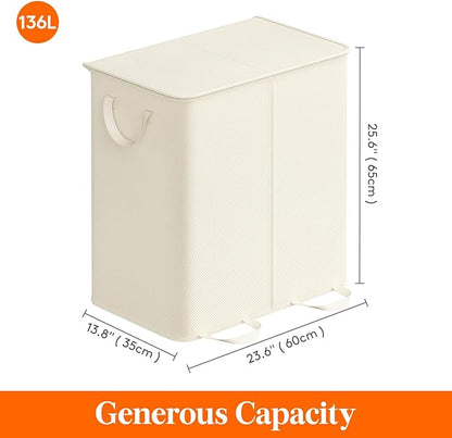 Lifewit Double Laundry Hamper with Lid and Removable Laundry Bags, Large Collapsible 2 Dividers Dirty Clothes Basket with Handles for Bedroom Laundry Room Closet Bathroom College, 136L Ivory White