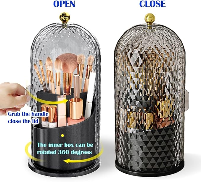 Makeup Brush Holder with Lid, 360 Rotating Multifunction Clear Dustproof Skincare Cosmetic Tools Storage Organizer for Vanity Desktop Bathroom Countertop (Black)