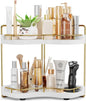 2-Tier Corner Bathroom Counter Organizer with Embedded Screw Holes, Secure & Stable Wood Vanity Shelf for Makeup and Skincare Essentials - Space Saving Bathroom Countertop Storage, White Gold