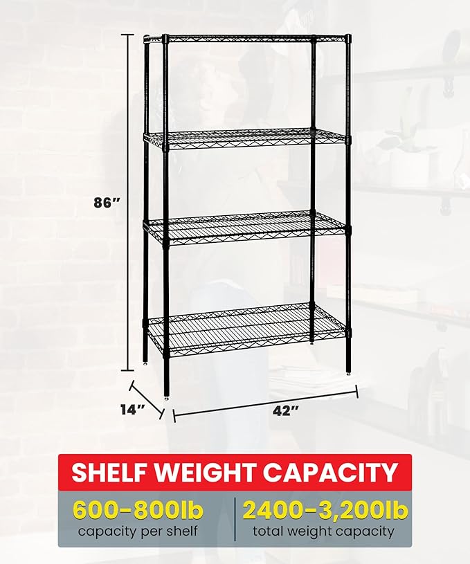 Quantum Storage Systems WR86-1442BK Wire Shelving Starter Kit, 42" W x 14" D x 86" H, 600 lbs Capacity, Carbon Steel, Epoxy Coated, Black, NSF