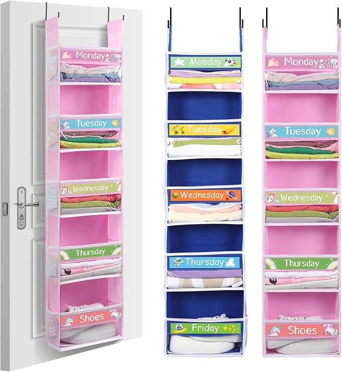 Pink Blue 2 Pack 5 Shelf Weekly Clothes Organizer for Kids Over the Door Hanging Storage Monday through Friday Heavy Duty Clothes Organization for Bathroom Nursery Bathroom Kitchen