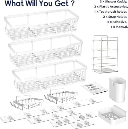 NESOMI Shower Caddy Adhesive Shower Organizer 8-Pack, Rustproof Stainless Steel Bathroom Shelves, Large Capacity No-Drill Rack Storage Accessories with Soap Dish Toothbrush Holder Hooks