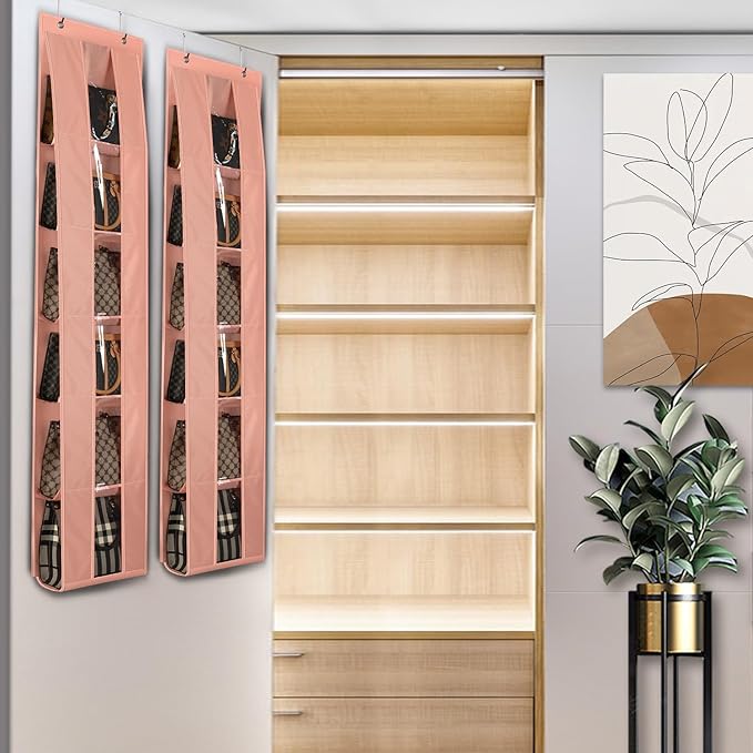 Lirex Over the Door Organizer, 2 Pack Handbag Storage with 6-Tier Space-Saving for Door or Closet, Handbag Hanger, Light Pink