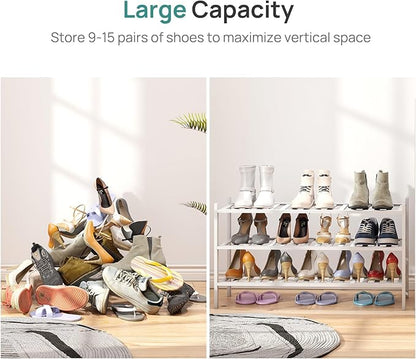viewcare 3-Tier Long Shoe Rack, Bamboo Wood Shoe Rack for Closet, Entryway & Hallway, Stackable White Shoe Shelf Storage Organizer for Indoor Outdoor