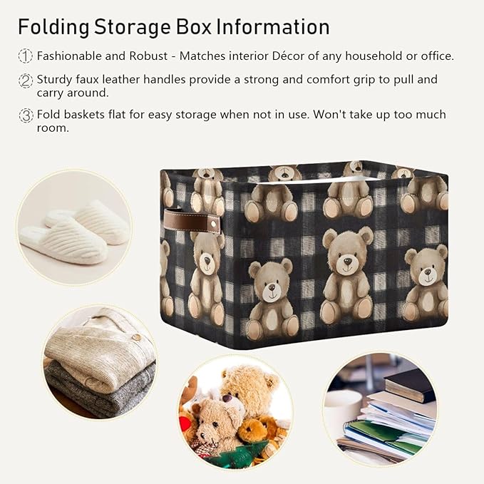 Large Storage Basket Bears Gingham Pattern Storage Bin Cube Canvas Fabric Organizer Handles Collapsible for Clothes Toys Bedroom Decorative
