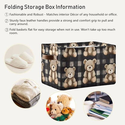 Large Storage Basket Bears Gingham Pattern Storage Bin Cube Canvas Fabric Organizer Handles Collapsible for Clothes Toys Bedroom Decorative