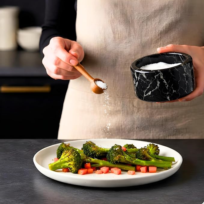 Marble salt cellar with lid and spoon, salt container with spoon, salt bowl with acacia wood lid, salt holder for countertop, salt jar - Black