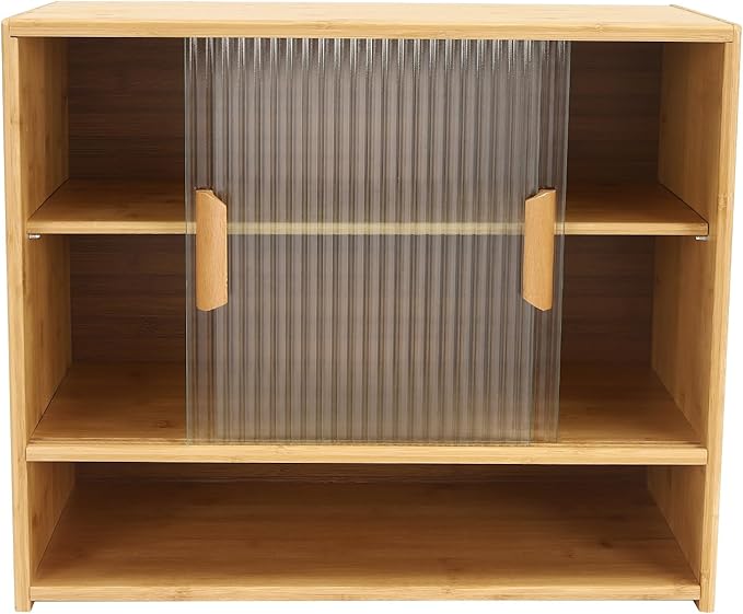 OUKANING 3 Tiers Small Bamboo Kitchen Pantry Sideboard with 2 Sliding Striped Glass Doors, Freestanding Kitchen Pantry Cabinet for Bottle, Dish, Bowl Console Dining Cupboard, Log-Colored