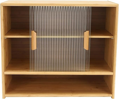 OUKANING 3 Tiers Small Bamboo Kitchen Pantry Sideboard with 2 Sliding Striped Glass Doors, Freestanding Kitchen Pantry Cabinet for Bottle, Dish, Bowl Console Dining Cupboard, Log-Colored