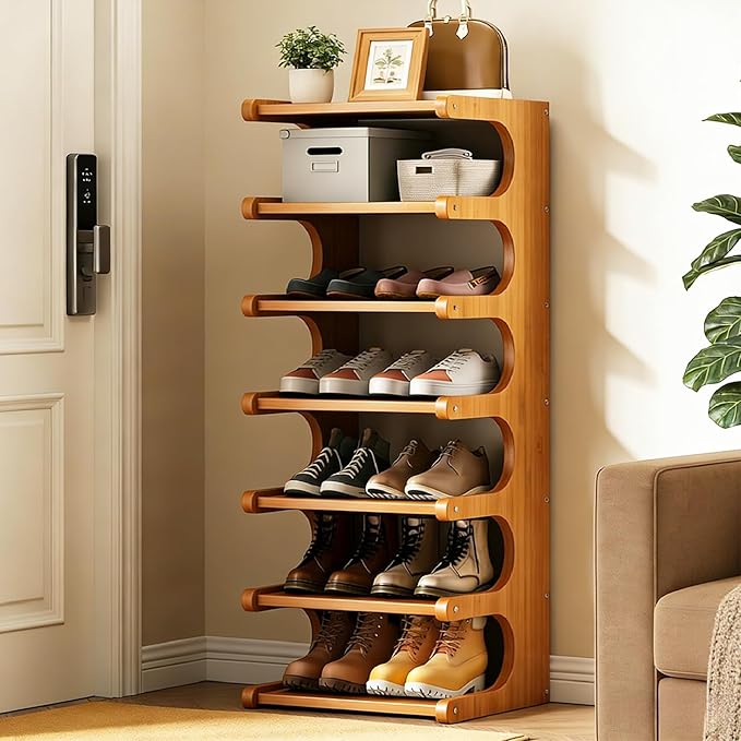 39" Bamboo Shoe Rack - Vertical Shoe Organizer Rack for Small Space, Narrow Shoe Tower for Closet, Entryway, Corner, Tall Shoe Shelf with Removable Shelves, Flexible Storage Shelf for Saving Space