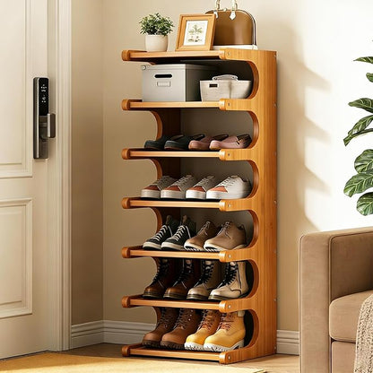 39" Bamboo Shoe Rack - Vertical Shoe Organizer Rack for Small Space, Narrow Shoe Tower for Closet, Entryway, Corner, Tall Shoe Shelf with Removable Shelves, Flexible Storage Shelf for Saving Space