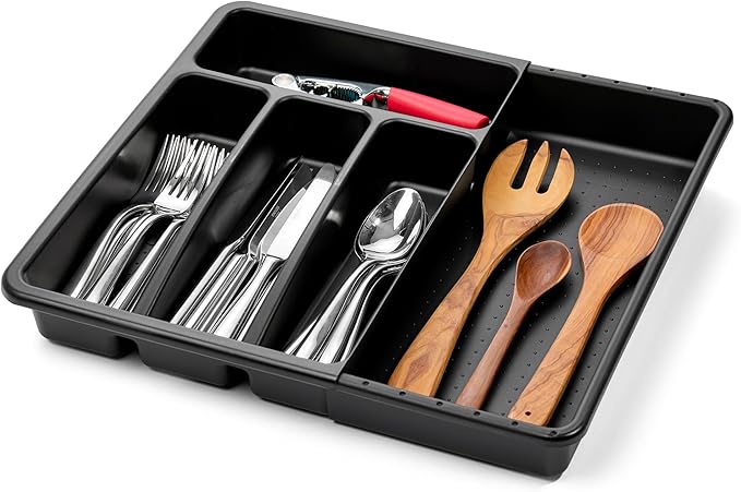 madesmart Expanding Silverware Tray, 5 Compartment Flatware Organizer for Forks, Knives & Spoons, Durable Drawer Organizer, Carbon